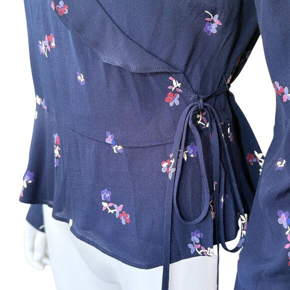 Rails Simone Wrap Blouse Floral Ruffle Medium Navy Kyoto Rayon Adjustable Wrap - Picture 3 of 9